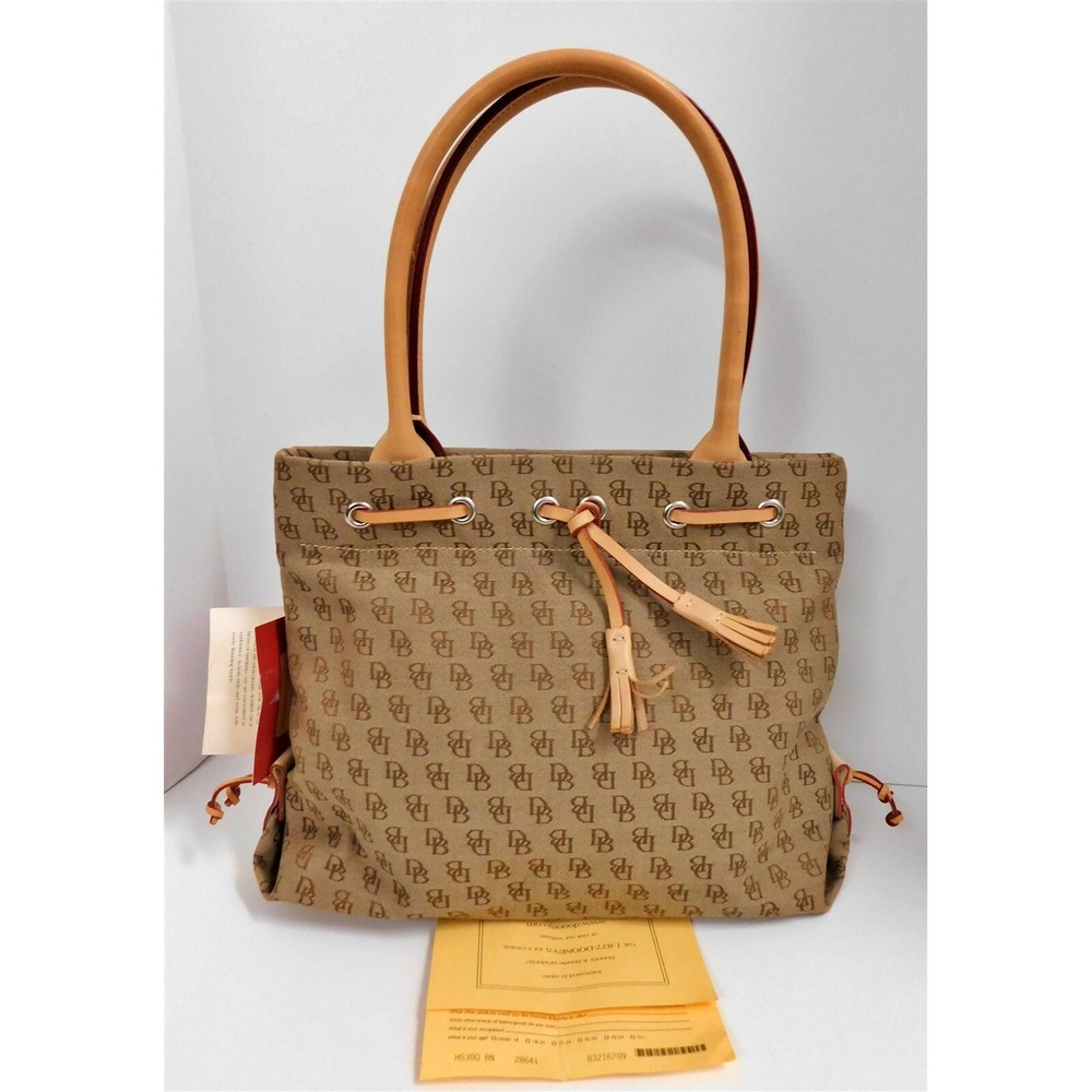 New Dooney & Bourke Beige Signature Canvas Leather Small Tassle‎ Tote Bag USA